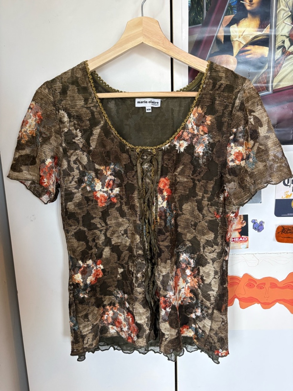 Olive Floral Lace-Up Short Sleeve Top